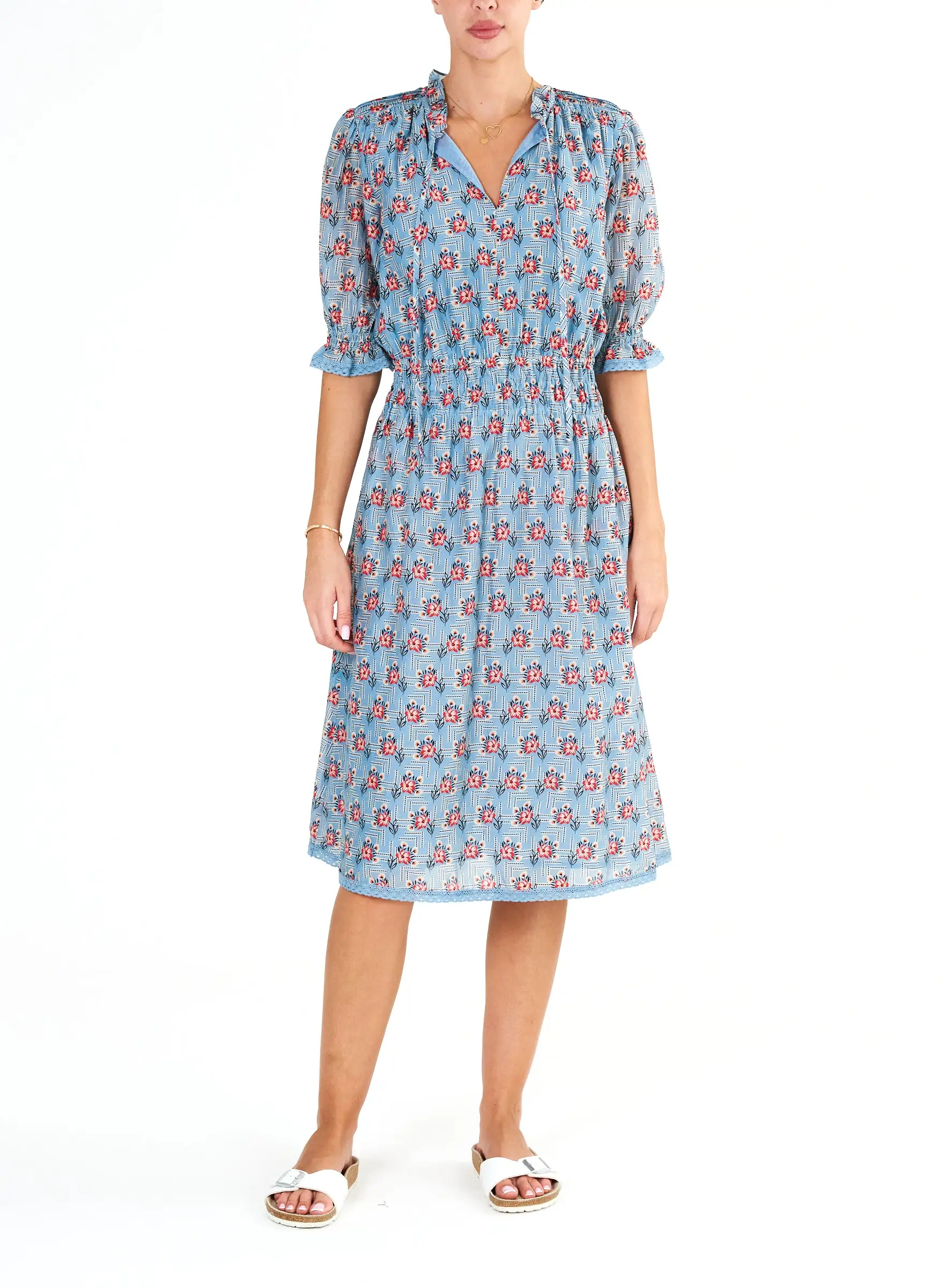 ARA Blue Midi Cotton-Silk Dress