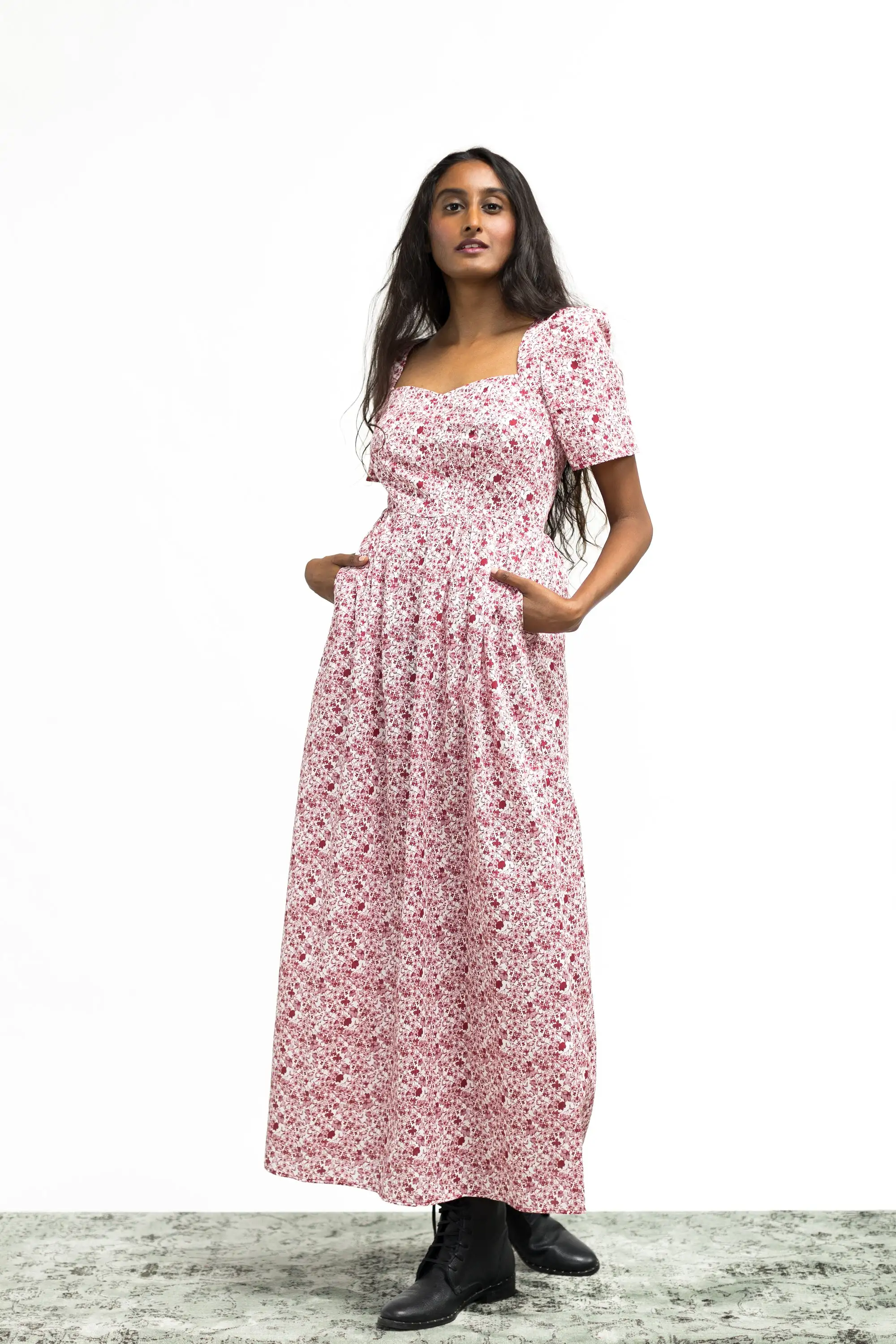 Beatrice Maxi Dress With Sweetheart Neckline / Pink + Milkly White Liberty Floral Cotton