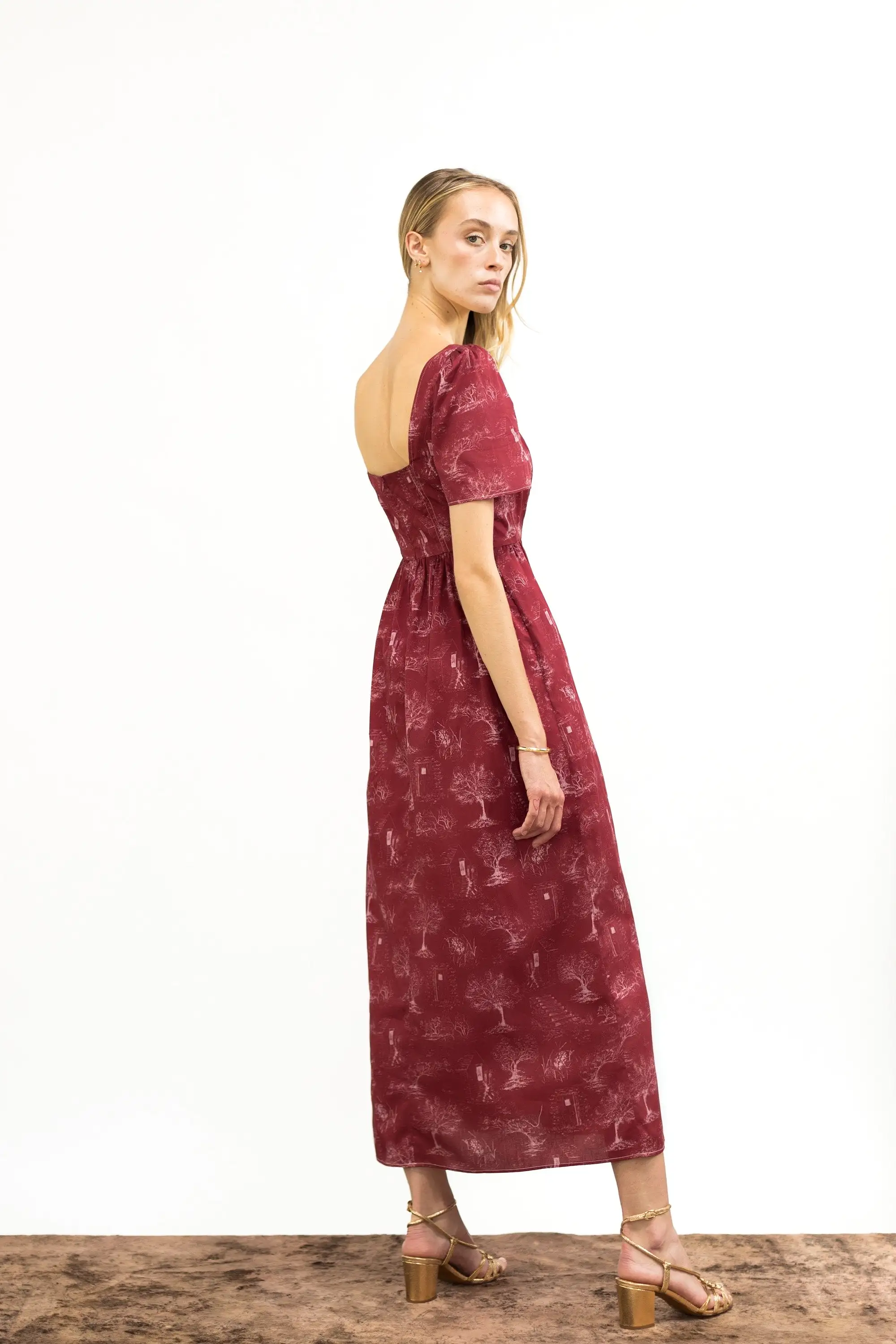 Beatrice Maxi Dress With Sweetheart Neckline / Ruby Red + Alabaster Cotton Toile