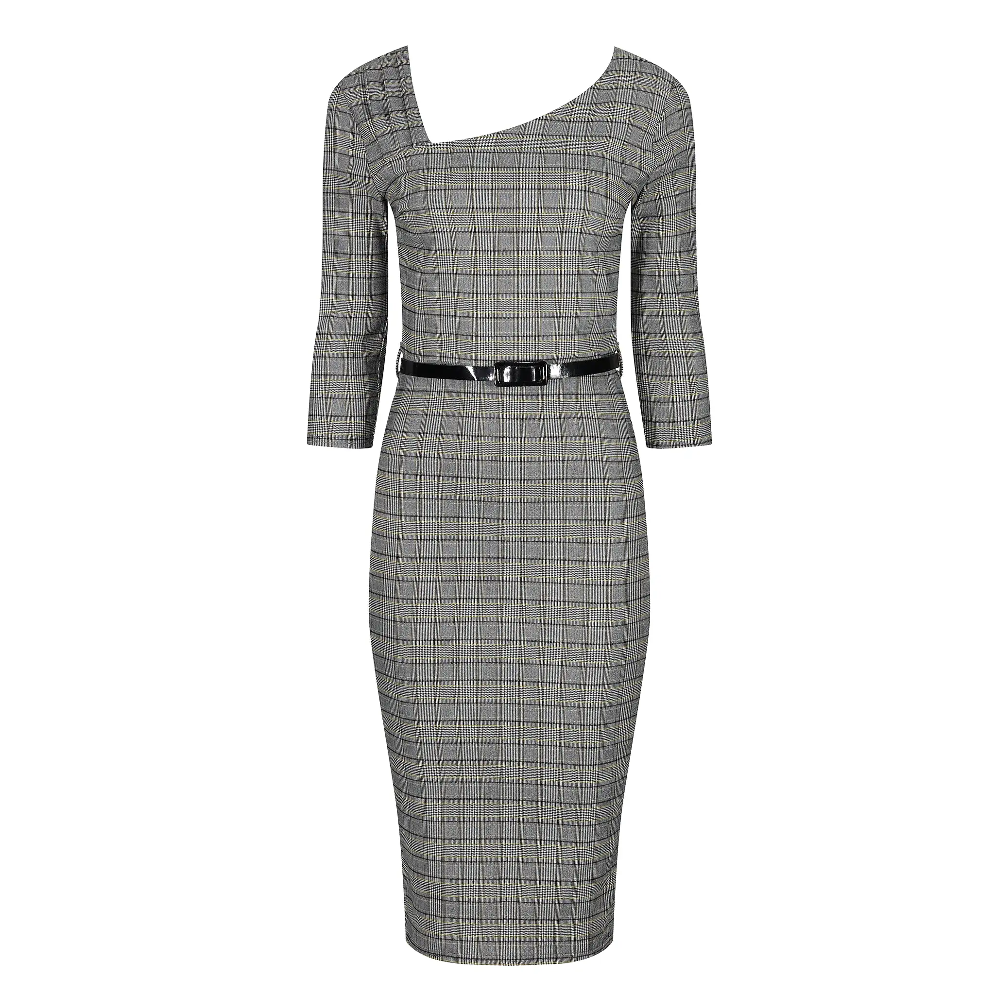 Black & White Check Tartan Vintage Belted 3/4 Sleeve Pencil Dress