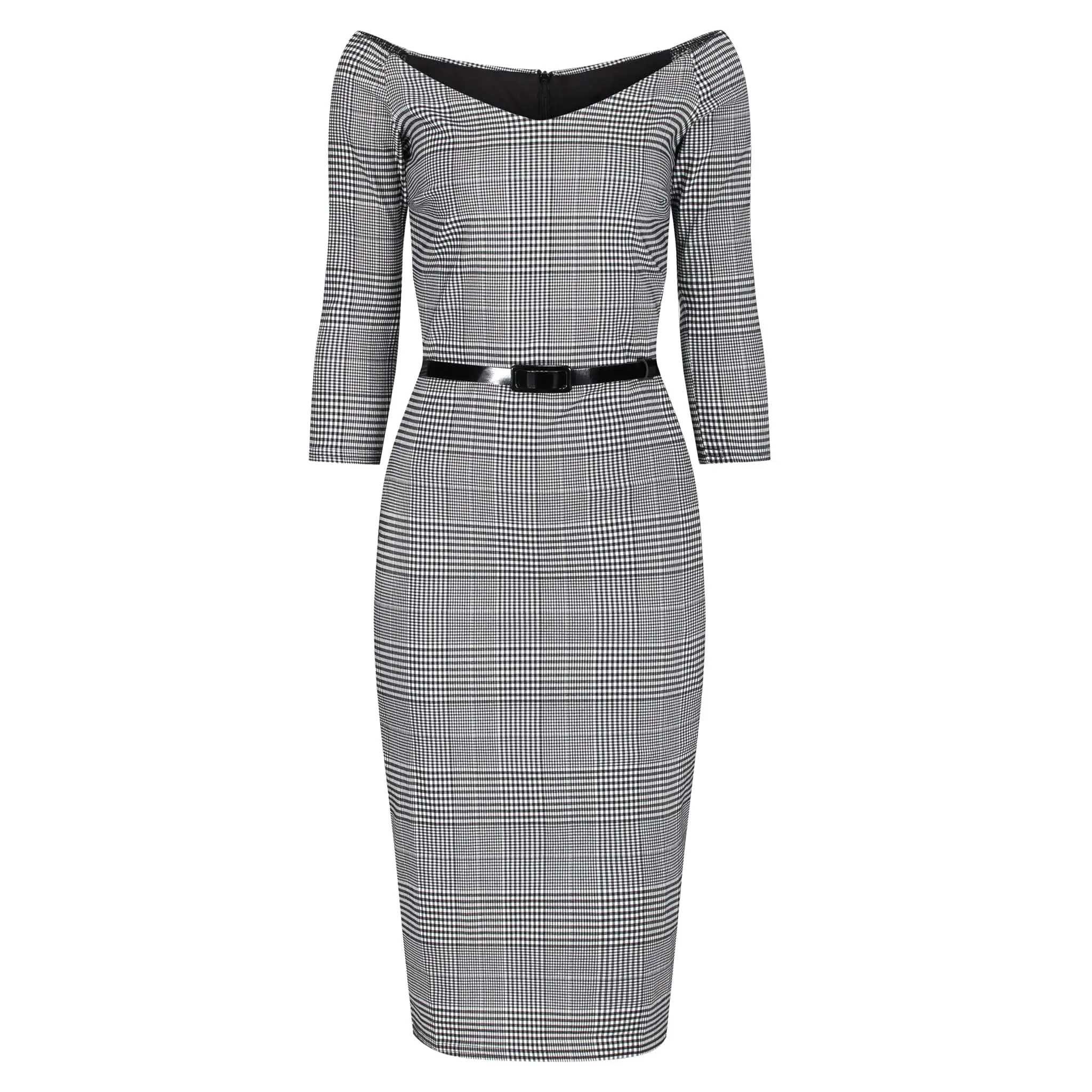 Black & White Check Vintage Belted 3/4 Sleeve Pencil Dress