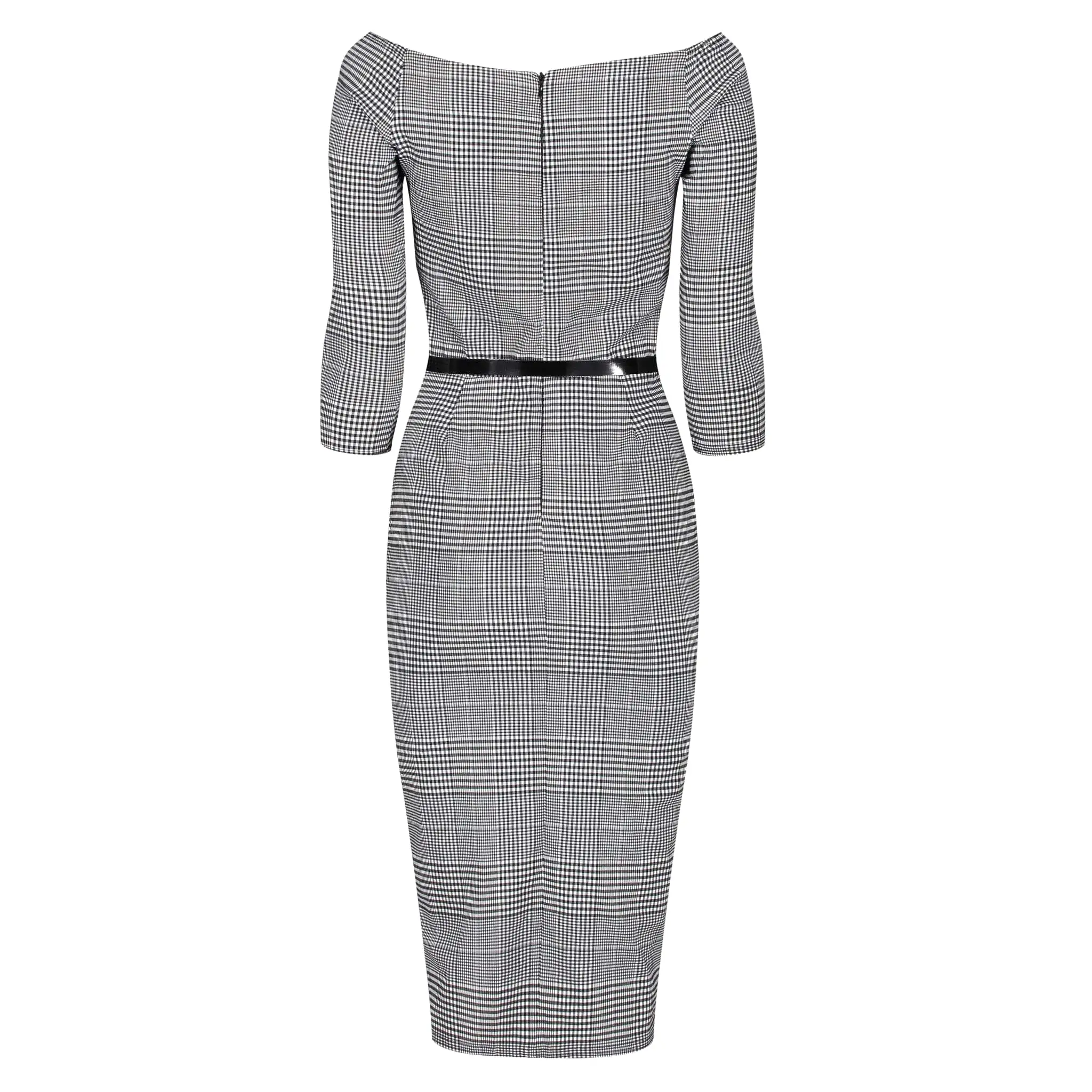 Black & White Check Vintage Belted 3/4 Sleeve Pencil Dress