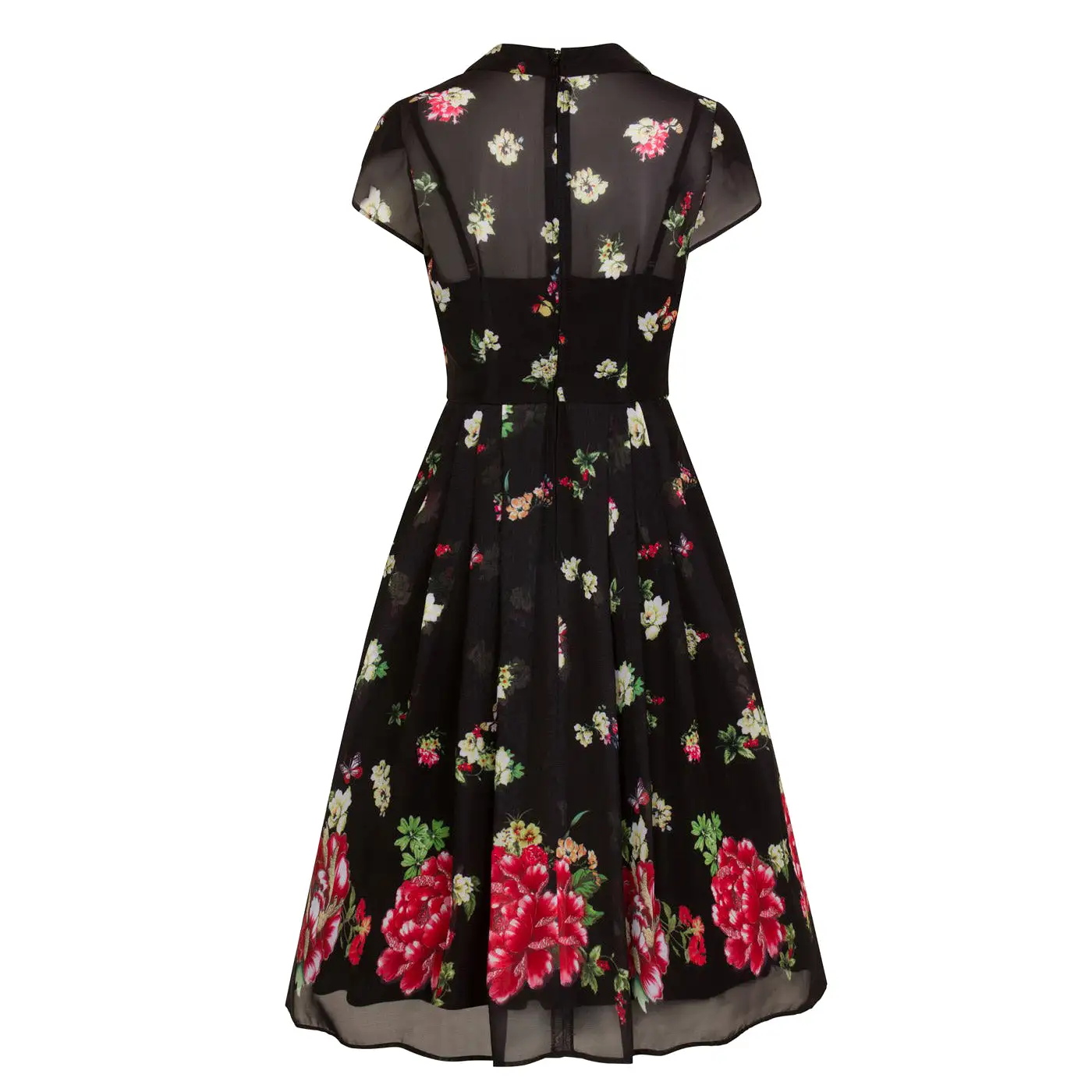 Black Floral and Butterfly Print Chiffon Overlay Retro 40s Tea Dress