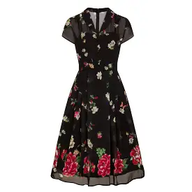 Black Floral and Butterfly Print Chiffon Overlay Retro 40s Tea Dress