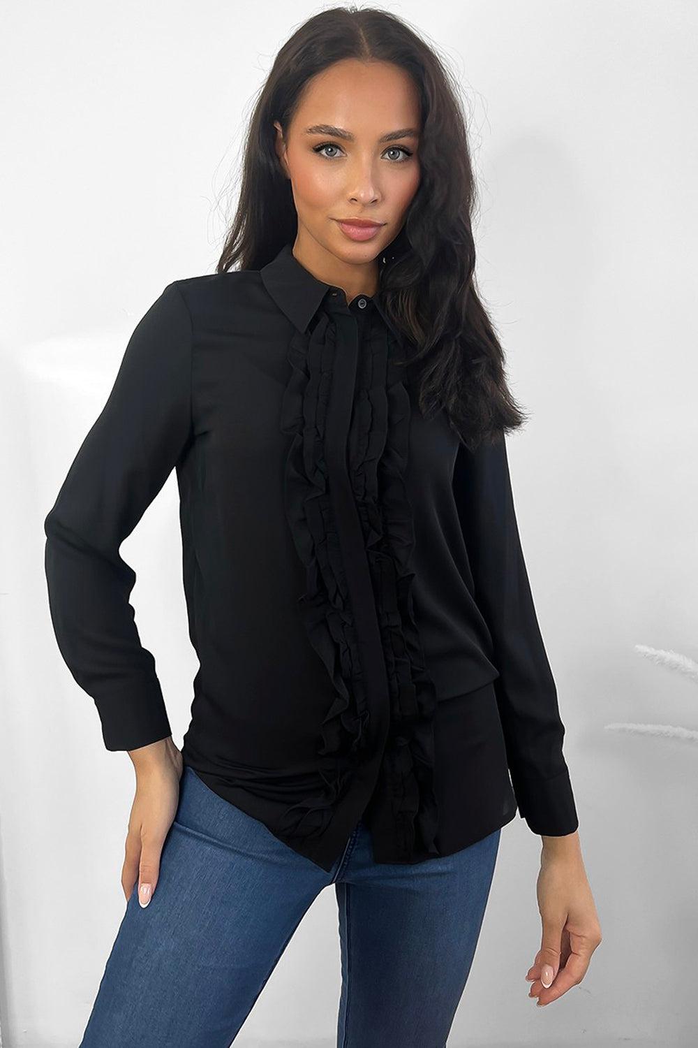 Black Frilled Button Placket Shirt