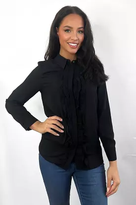 Black Frilled Button Placket Shirt