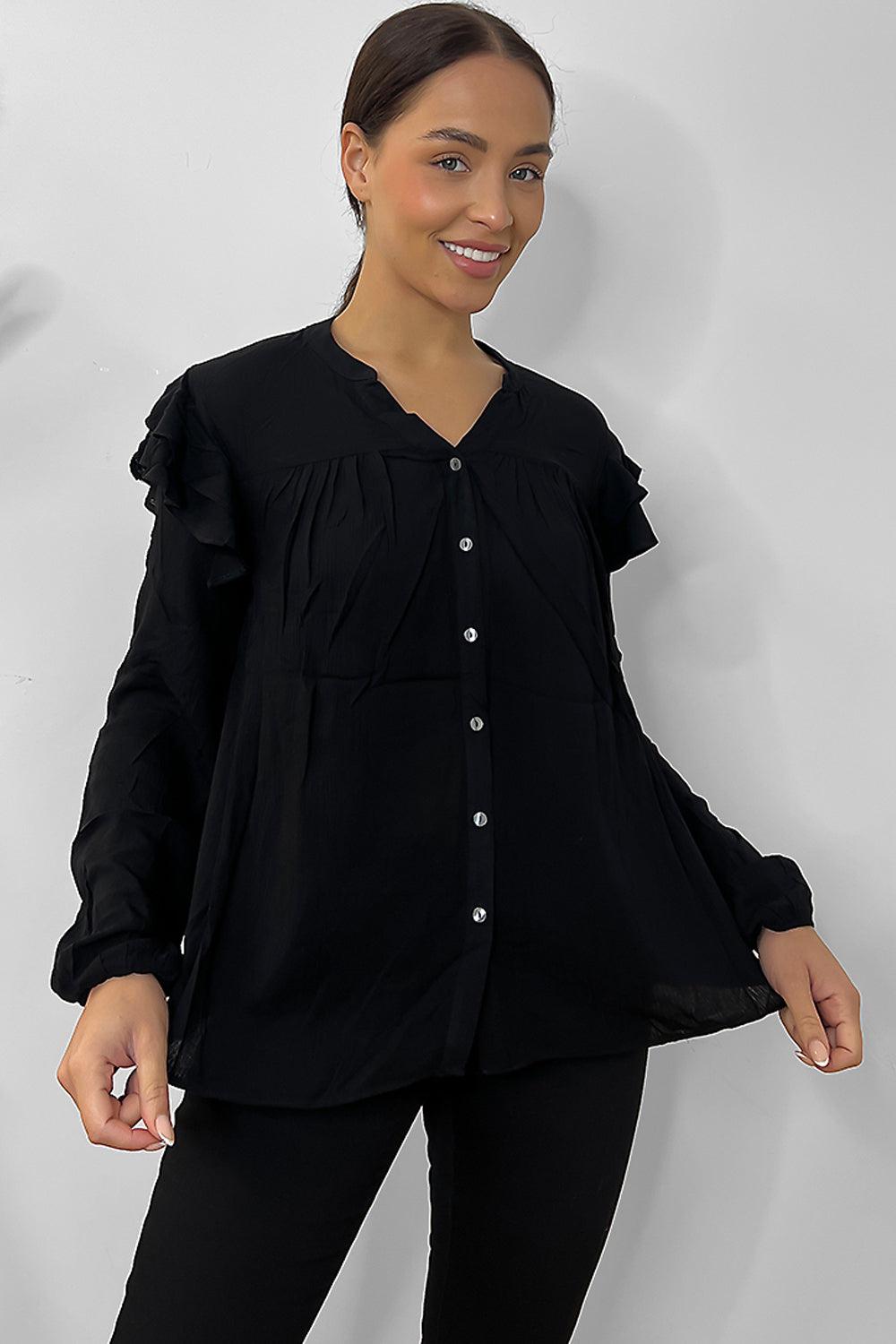 Black Frilled Details Grandad Collar Shirt