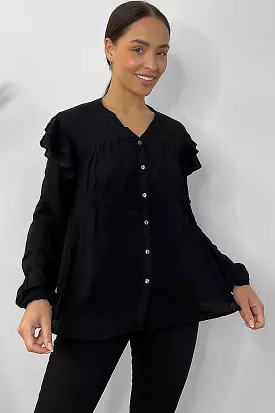 Black Frilled Details Grandad Collar Shirt