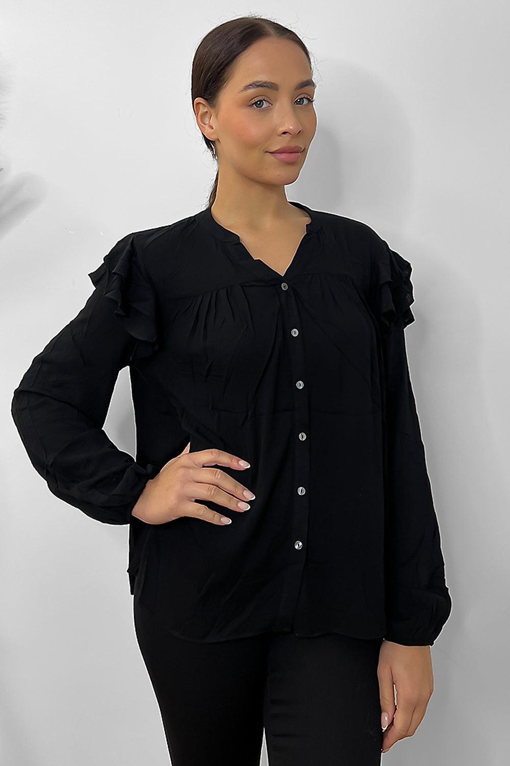 Black Frilled Details Grandad Collar Shirt