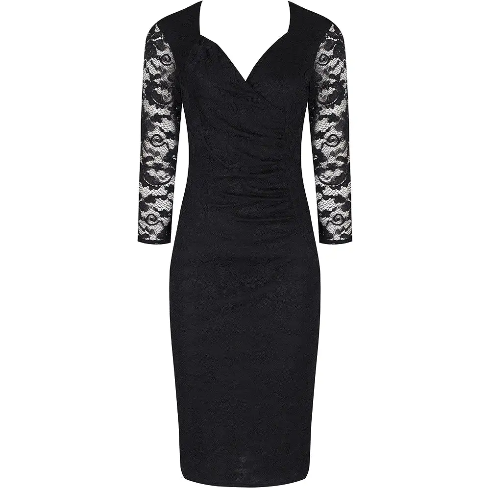 Black Lace 3/4 Sleeve Vintage Bodycon Wiggle Dress