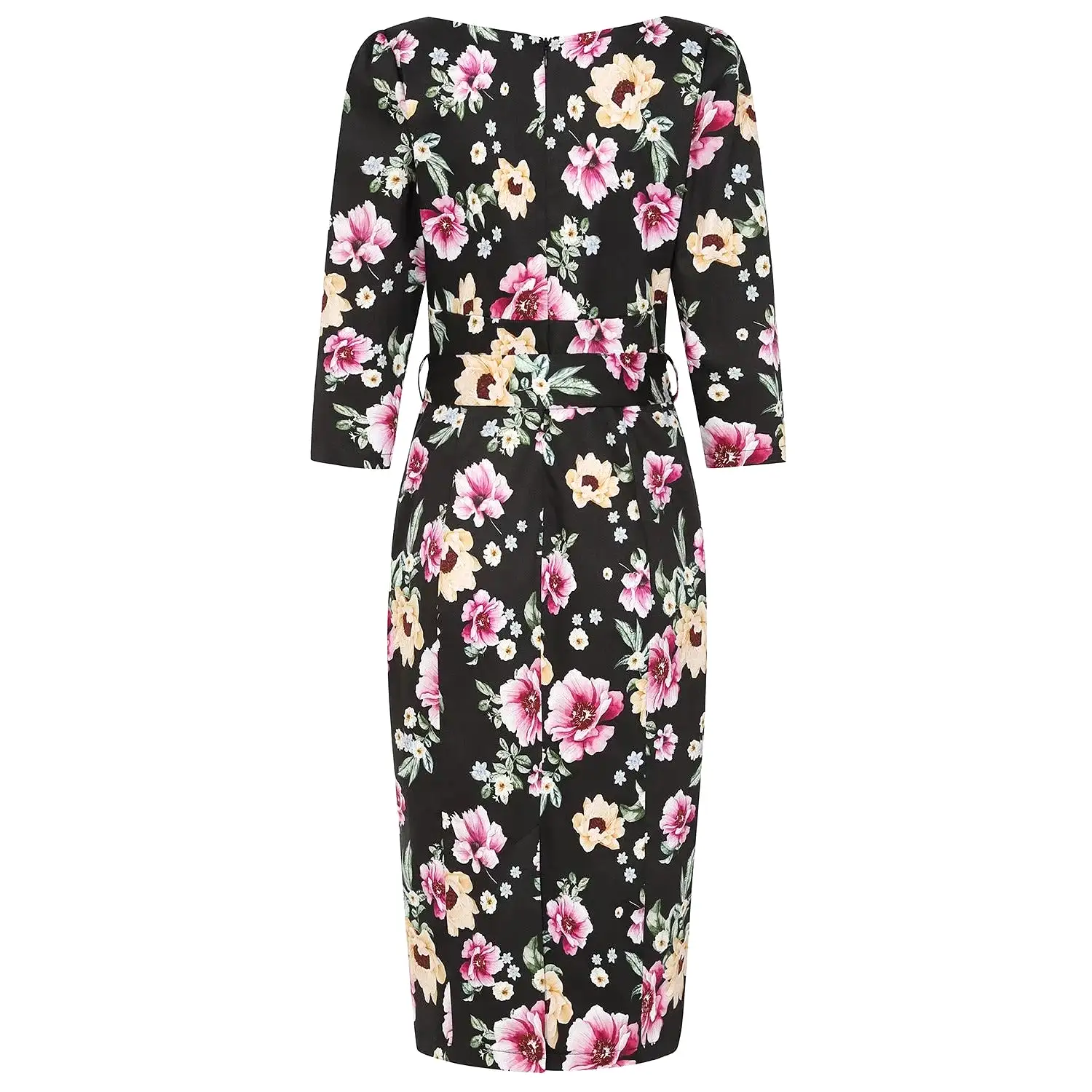 Black Pink Floral Wiggle Dress with Belt & Cut-out Neckline