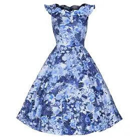 Blue Floral Frill Sleeve Cotton Swing 50s Dress