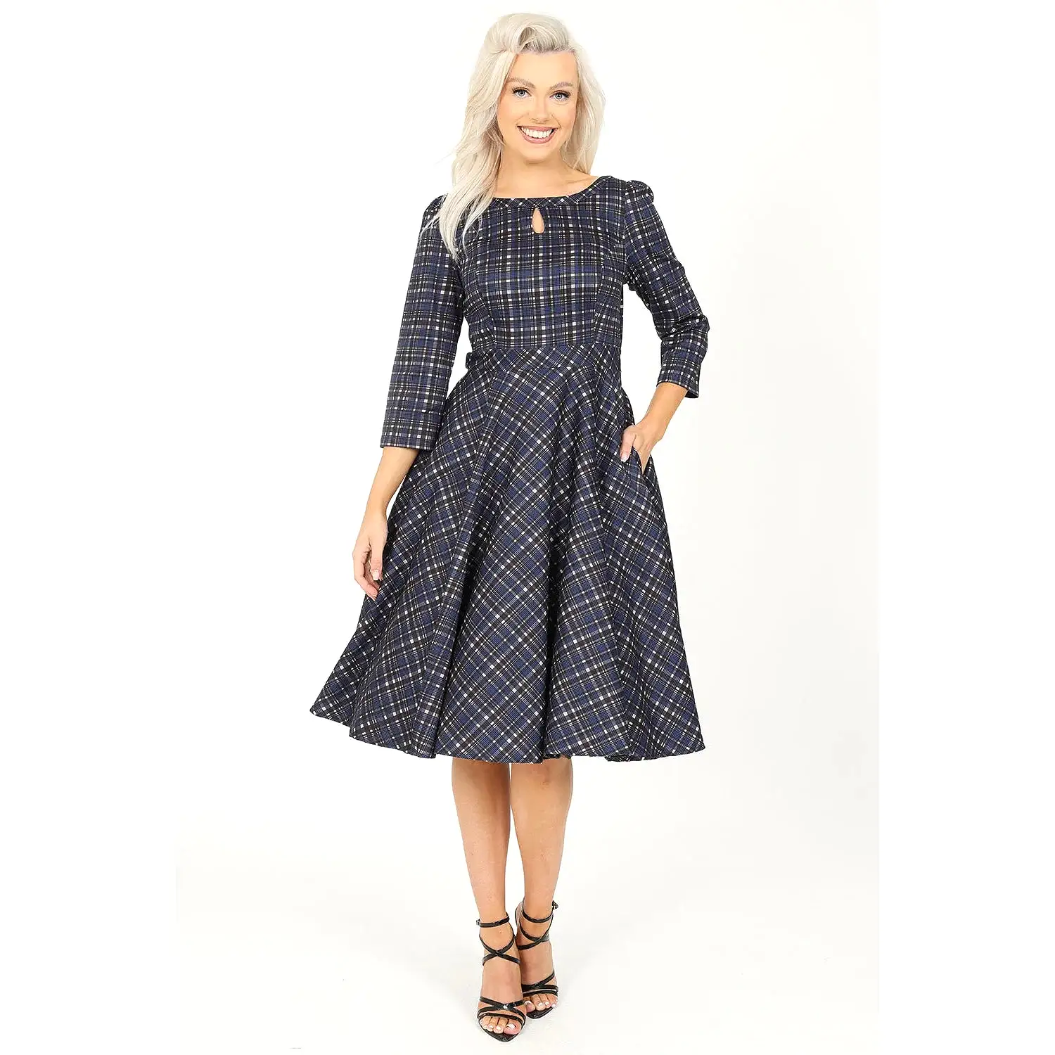 Blue Tartan Check Long Sleeve Burns Night & Rockabilly Style Swing Dress