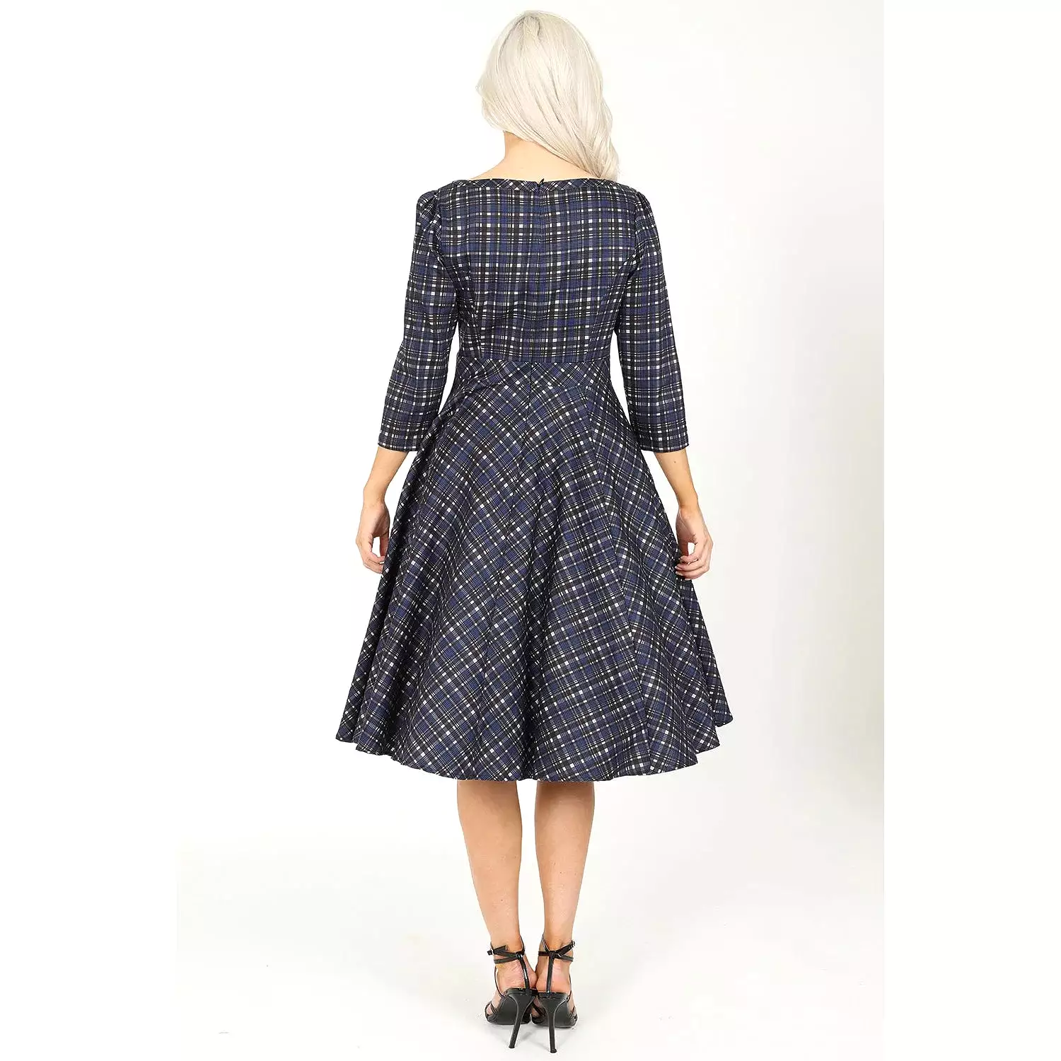 Blue Tartan Check Long Sleeve Burns Night & Rockabilly Style Swing Dress