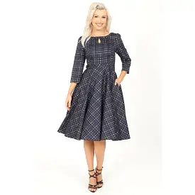 Blue Tartan Check Long Sleeve Burns Night & Rockabilly Style Swing Dress