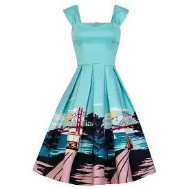 Collectif Aqua Blue San Francisco City Print 50s Swing Dress