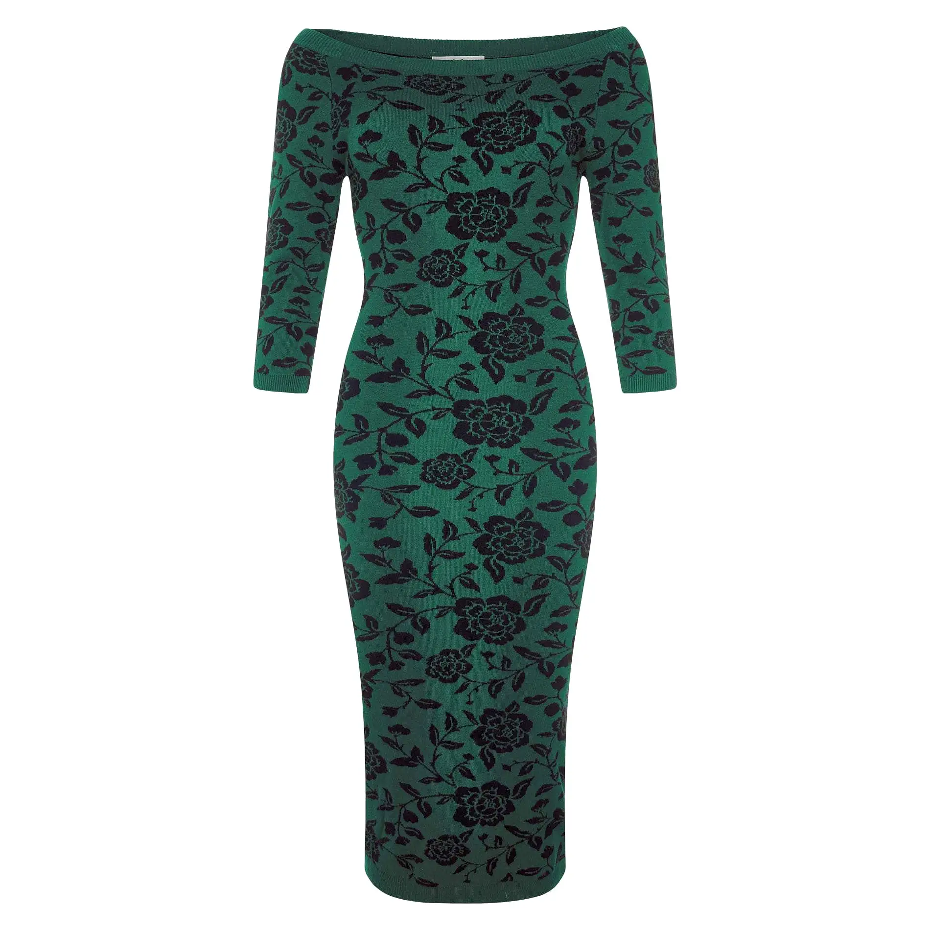 Collectif Green 3/4 Sleeve Brocade Knitted Pencil Wiggle Dress