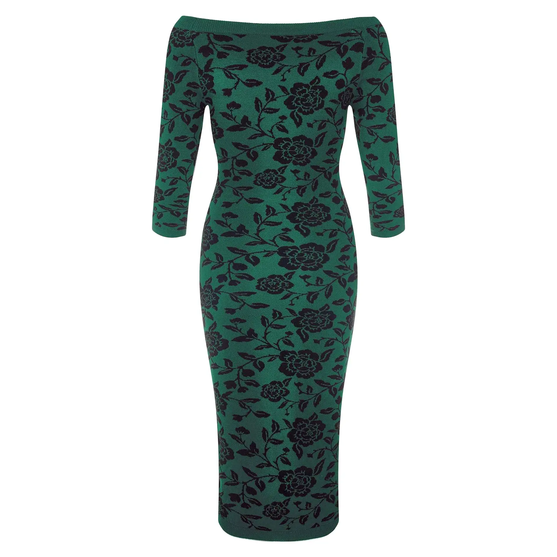 Collectif Green 3/4 Sleeve Brocade Knitted Pencil Wiggle Dress