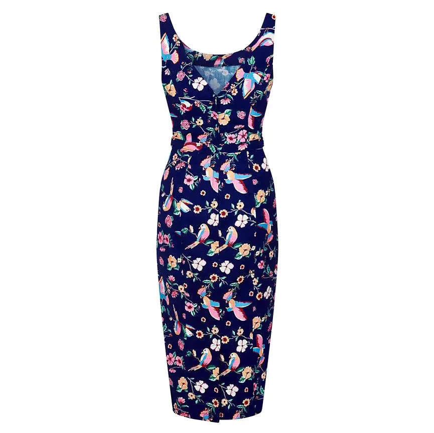 Collectif Navy Blue Bird Print Pencil Dress