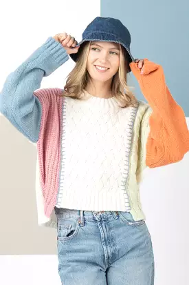 Color Block Casual Knit Sweater Top- Cream