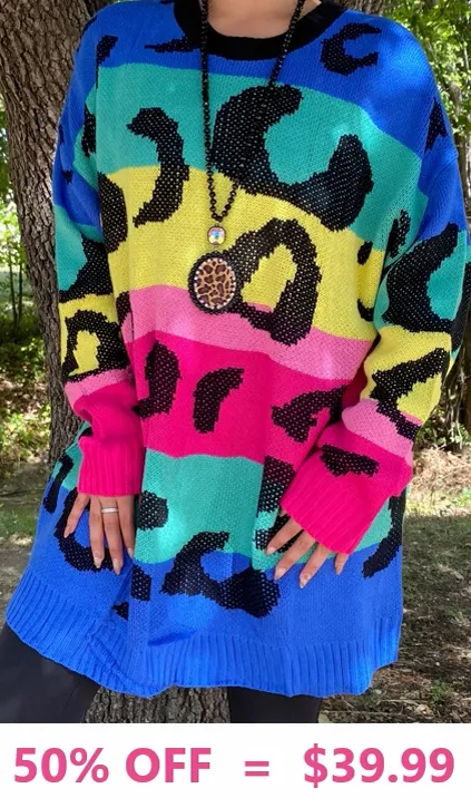 Colorful Striped Leopard Sweater Dress