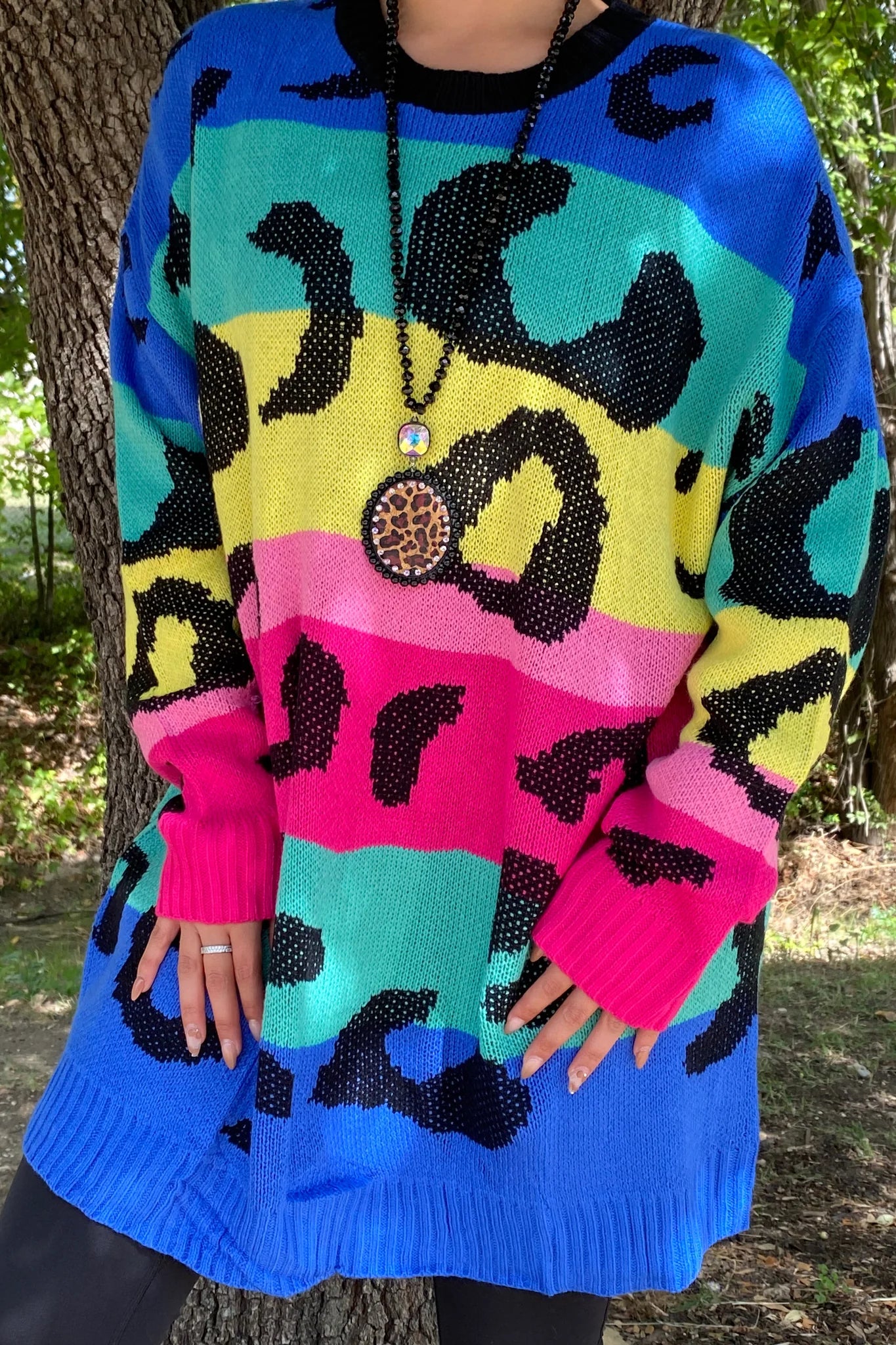 Colorful Striped Leopard Sweater Dress