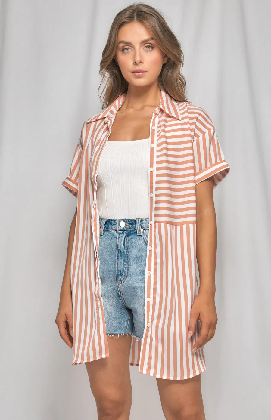 Contrast Stripe Oversized Shirt Dress (WDR425B)