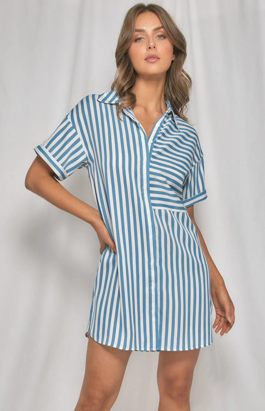 Contrast Stripe Oversized Shirt Dress (WDR425B)