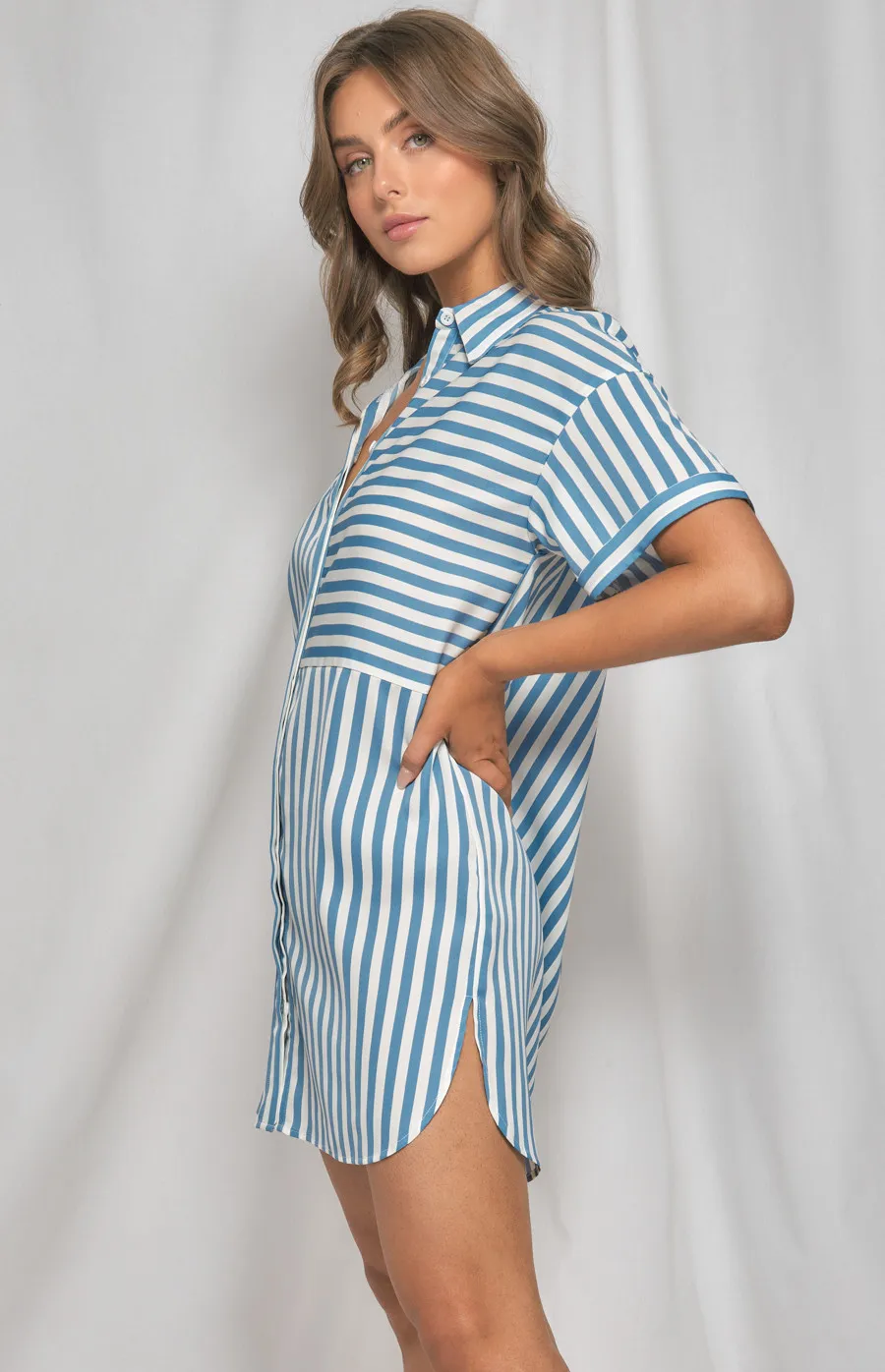 Contrast Stripe Oversized Shirt Dress (WDR425B)