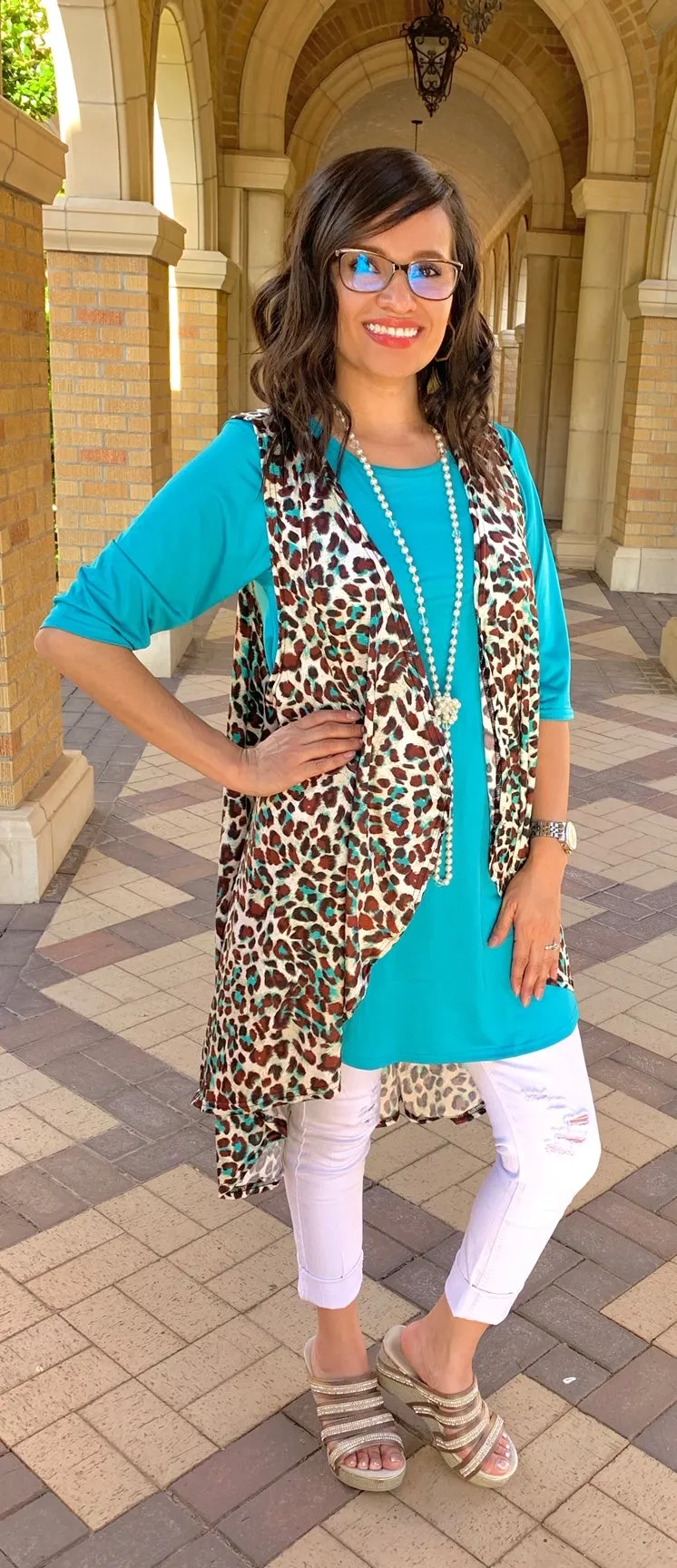 Cream & Turquoise Leopard Vest