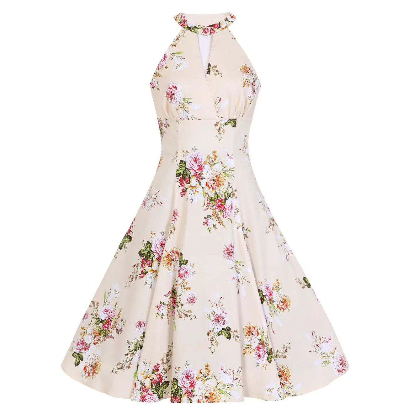 Cream And Floral Print Halter Neck 50s Swing Dress