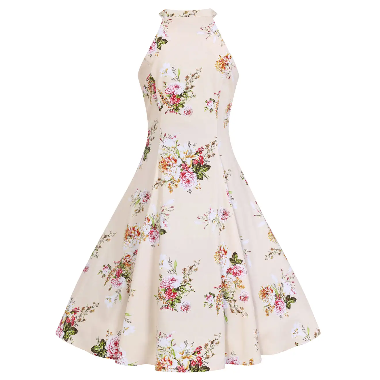 Cream And Floral Print Halter Neck 50s Swing Dress