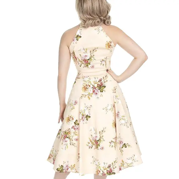 Cream And Floral Print Halter Neck 50s Swing Dress