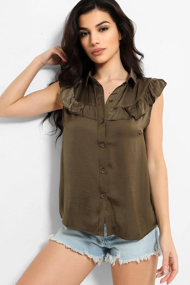 Crushed Satin Frill Details Sleeveless Shirt