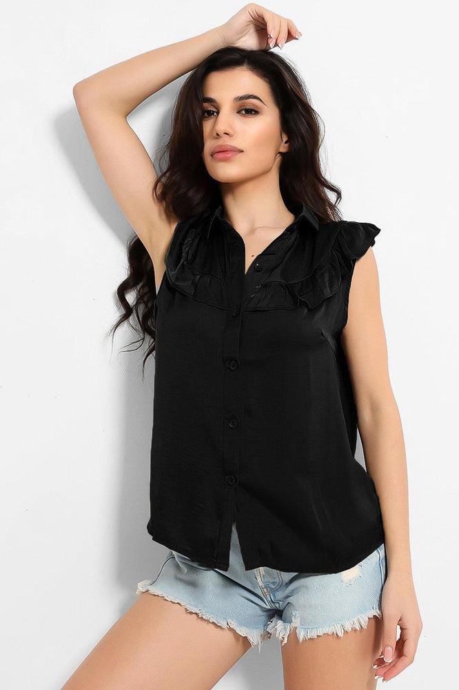 Crushed Satin Frill Details Sleeveless Shirt