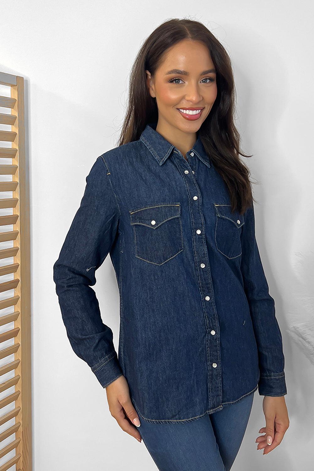 Curved Hem Pearl Buttons Denim Shirt