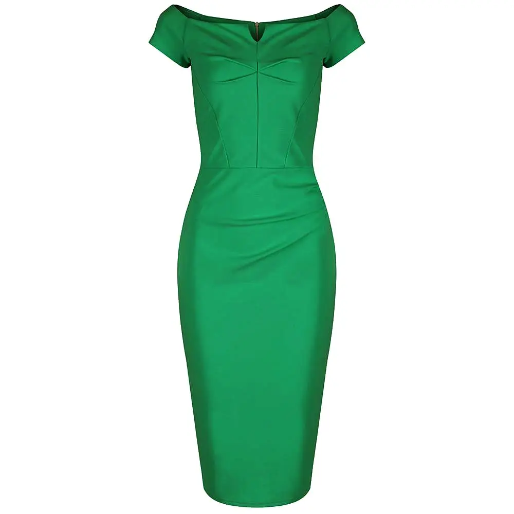 Emerald Green Notch Neck Cap Sleeve Bodycon Pencil Dress