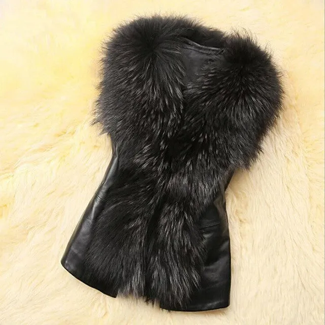 Faux Fur Women Leather Vest Fur Collar Elegant Winter Warm Coat Manteau Femme Hiver 2016 Winterjacken Damen#B12 SM6