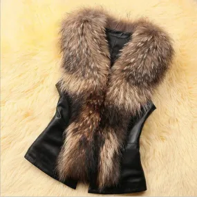 Faux Fur Women Leather Vest Fur Collar Elegant Winter Warm Coat Manteau Femme Hiver 2016 Winterjacken Damen#B12 SM6