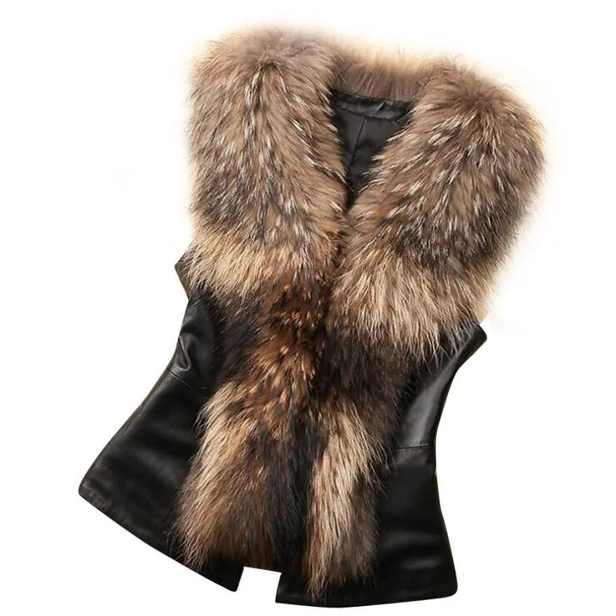 Faux Fur Women Leather Vest Fur Collar Elegant Winter Warm Coat Manteau Femme Hiver 2016 Winterjacken Damen#B12 SM6