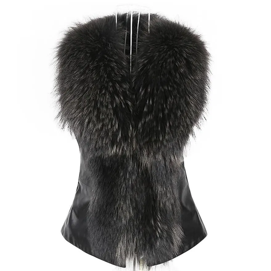 Faux Fur Women Leather Vest Fur Collar Elegant Winter Warm Coat Manteau Femme Hiver 2016 Winterjacken Damen#B12 SM6