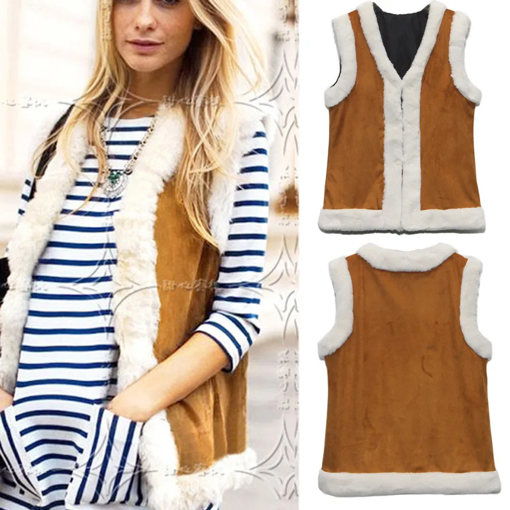 Flocking Faux Fur Sleeveless Vest Women Leather Patchwork Warm Waistcoat Black Yellow Colete Feminino Outwear SM6