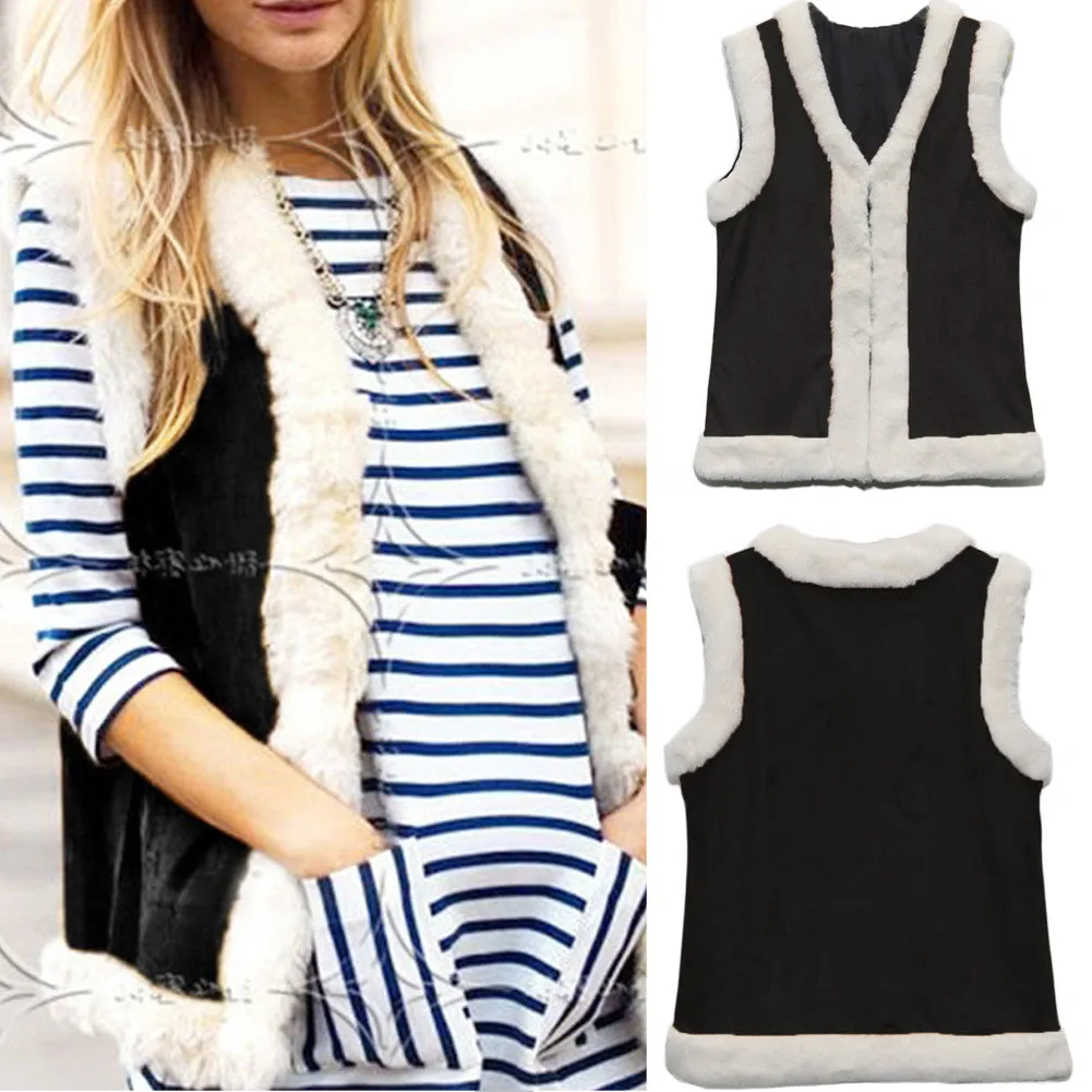 Flocking Faux Fur Sleeveless Vest Women Leather Patchwork Warm Waistcoat Black Yellow Colete Feminino Outwear SM6