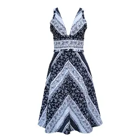 Freya Halter Dress / Black & Milky White Floral Stripe Cotton