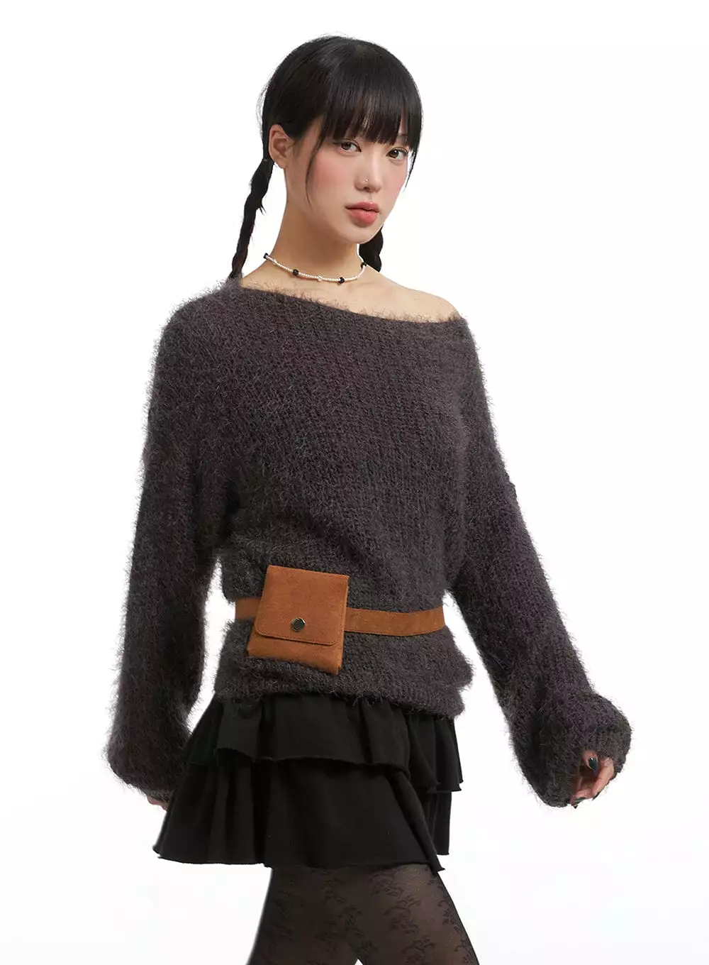 Fuzzy Boat Neck Knit Sweater IJ410