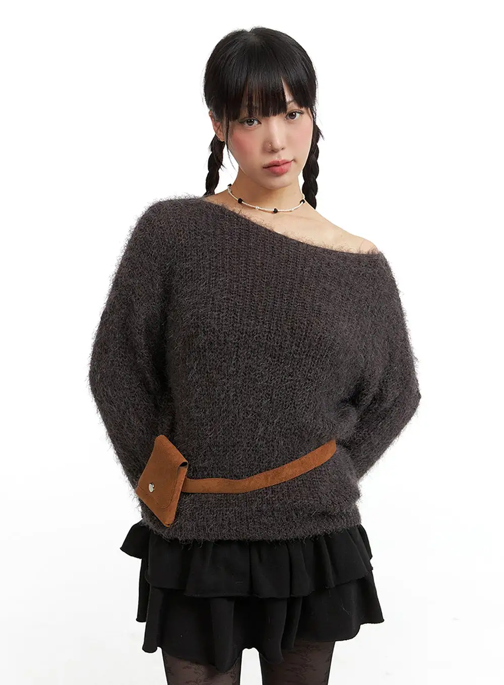 Fuzzy Boat Neck Knit Sweater IJ410