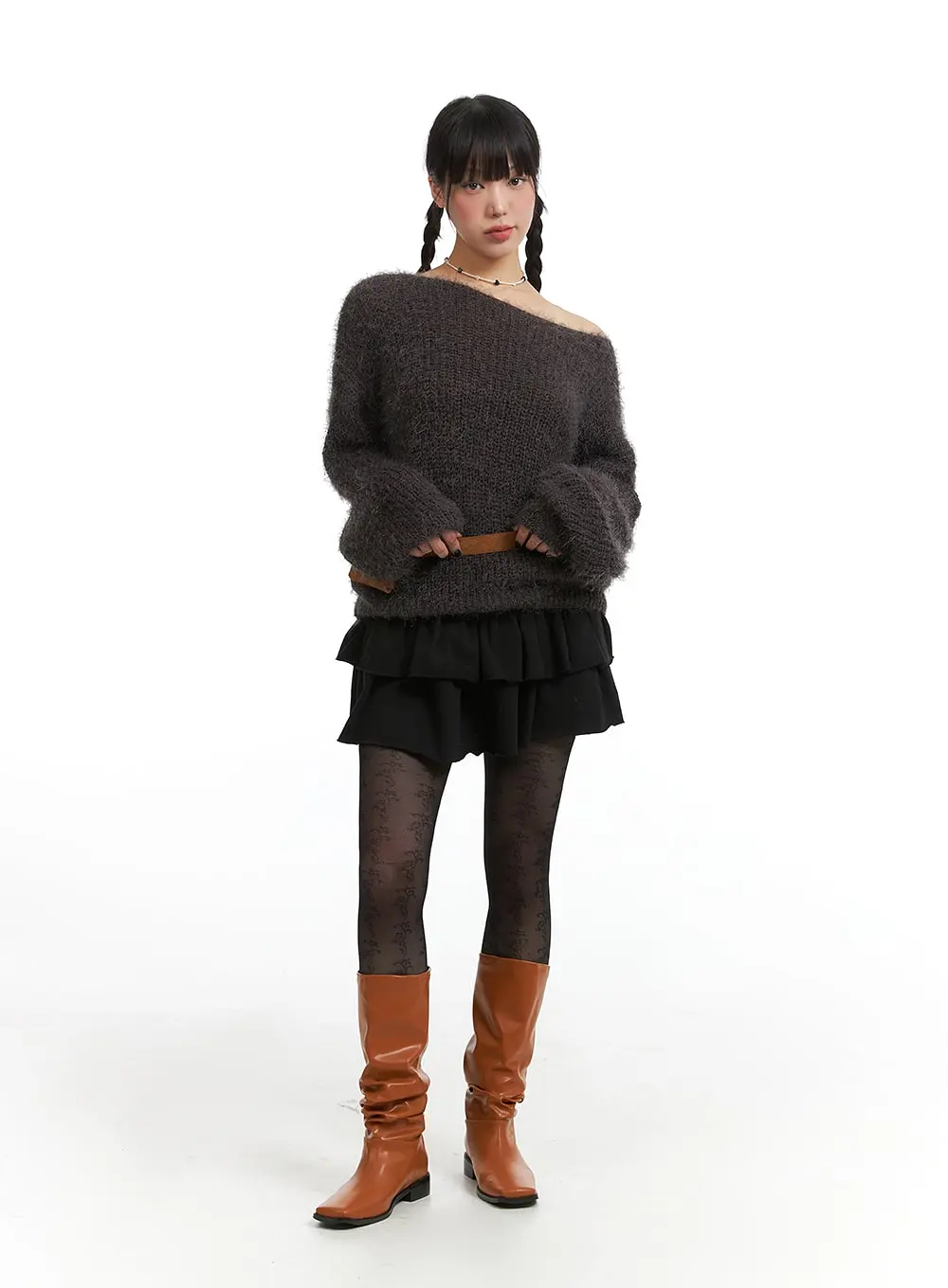 Fuzzy Boat Neck Knit Sweater IJ410