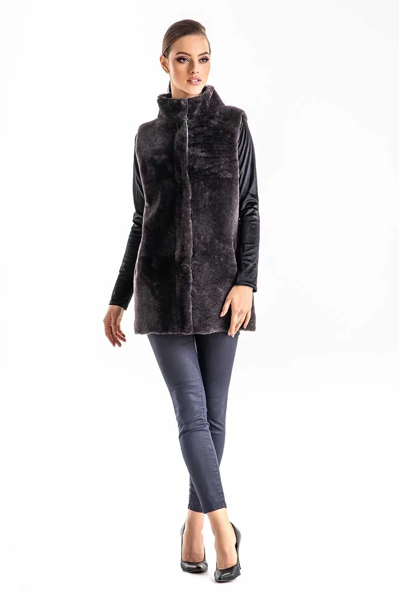 Gray Reversible Geniune Nappa Lamb Leather Mouton Fur Vest