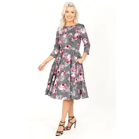 Grey Pink Floral Print 50 3/4 Sleeve Swing Tea Dress With Pockets