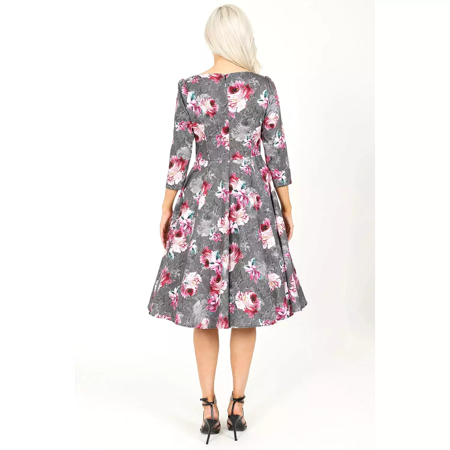 Grey Pink Floral Print 50 3/4 Sleeve Swing Tea Dress With Pockets